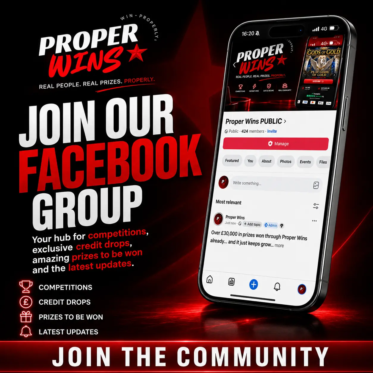 Join the Proper Wins Facebook Group for competitions, credit drops, prizes and updates